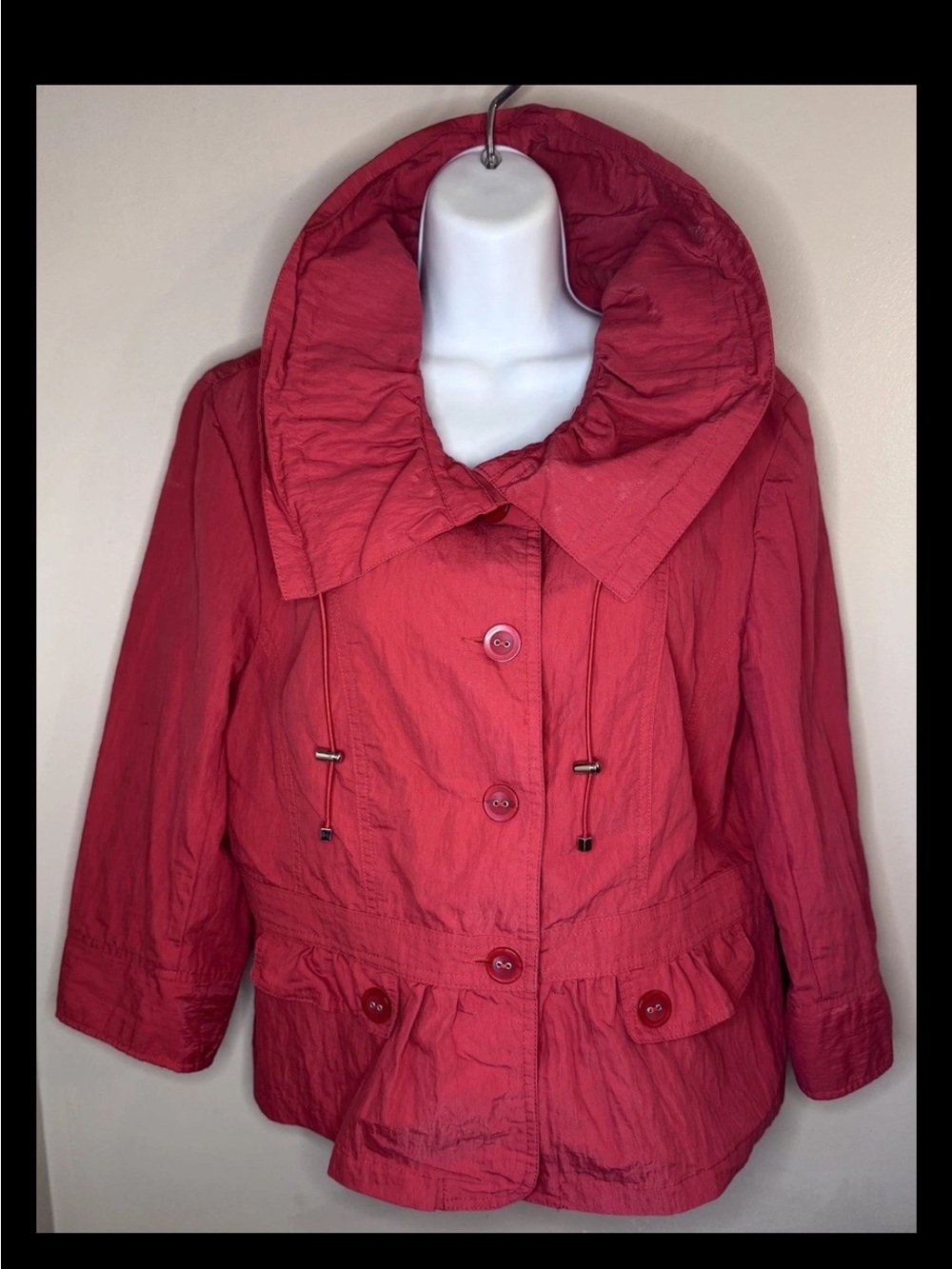 ♥️TRIBAL♥️ WIDE DRAWSTRING TOGGLE COLLAR 3/4 SLEEVE RUFFLE HEM BUTTON JACKET